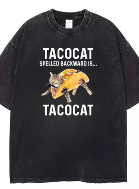 欧美TACOCAT恶搞趣味可爱猫咪Cat复古水洗黑做旧短袖T恤男女上衣