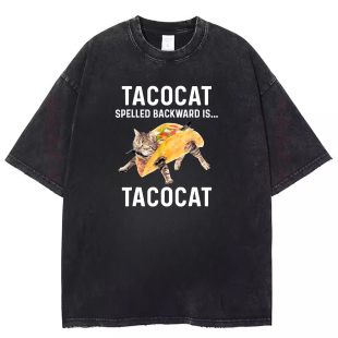 欧美TACOCAT恶搞趣味可爱猫咪Cat复古水洗黑做旧短袖 T恤男女上衣