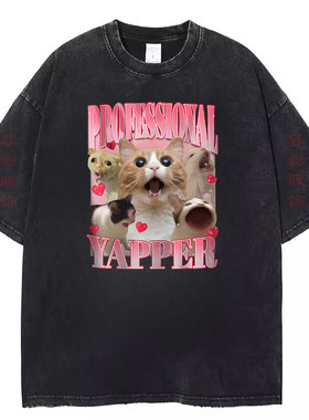 复古做旧水洗黑可爱猫咪Cat印花短袖T恤男女卡通风创意有趣上衣