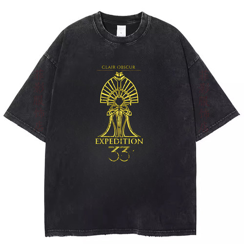 欧美Clair Obscur Expedition 33复古水洗黑做旧短袖T恤男女上衣