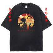 日本动漫混沌武士Samurai champloo复古水洗做旧圆领短袖 纯棉t恤