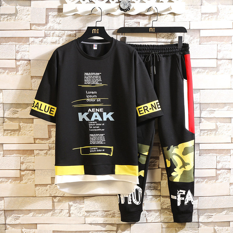 夏季港風青少年男生休閑中袖寬松圓領五分袖T恤時尚韓版長褲套裝在類目 男裝, 休閒褲中 - 來自Buy2taobao.com提供專業的淘寶代購服務