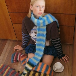 BKP 含羊毛针织围巾细窄软糯秋冬女搭配 复古条纹撞色韩国设计师款