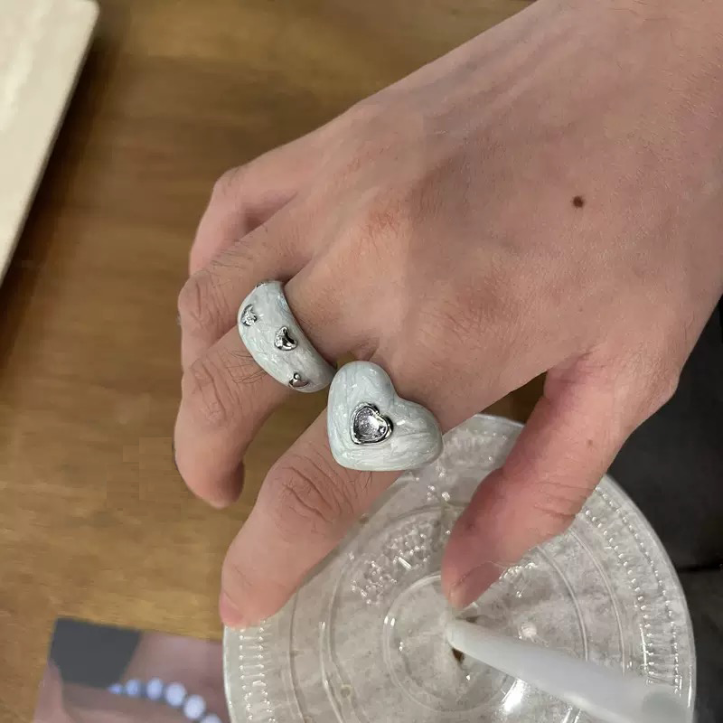 韩国ins中古风黑白爱心戒指气质