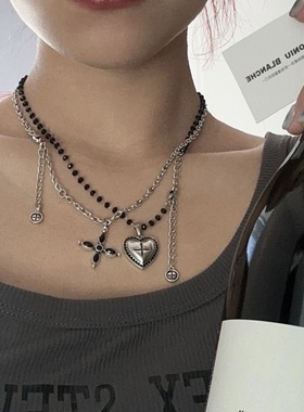 BKP曼谷公园「玛瑙心」韩国小众暗黑复古黑色爱心十字架项链y2k女