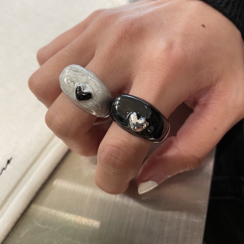 BKP「复古戒」韩国ins博主同款黑白爱心戒指编织天然石叠戴百搭女