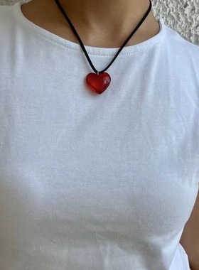 BKP「透明爱」小众y2k复古水晶爱心琉璃项链红色千禧百搭麂皮项链