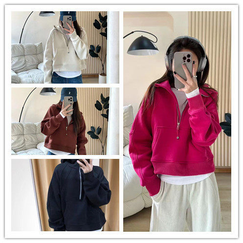 Lulu同款冬季半拉链宽松连帽卫衣女士秋冬加绒修身显瘦帽衫外套