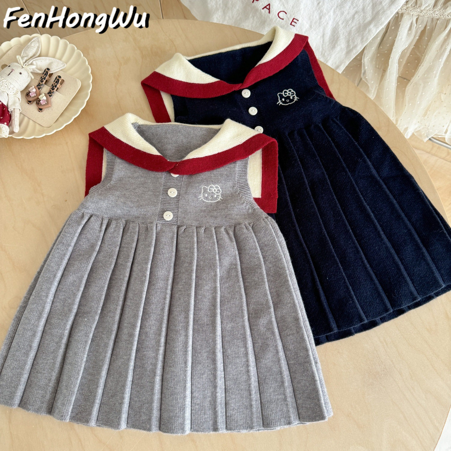 【粉红屋】女童无袖连衣裙海军风女宝宝洋气针织毛衣背心潮范