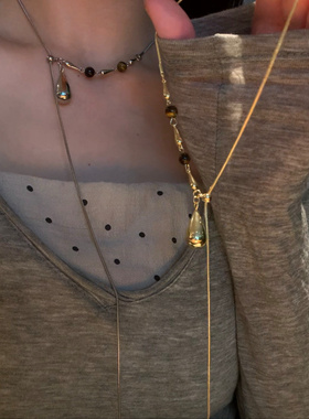 水滴虎眼石流苏choker颈链女金属冷淡风锁骨链可调节毛衣链2026潮