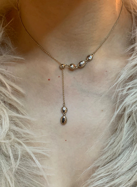 抽拉式 浅钛金流苏豆豆Y型choker项链女可调节秋冬毛衣链高级感潮