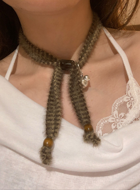 毛绒绒咖色条纹choker颈链女秋冬波西米亚风短款围脖锁骨项链女潮