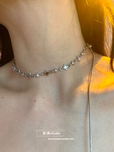 棠洛 抽拉式星芒锆石choker颈链女冷淡风银色锁骨链小众个性颈带