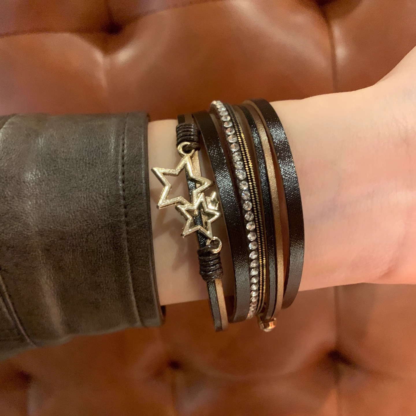 原创 棕色多层闪钻星星手环女手作编织复古波西米亚风手镯2024潮