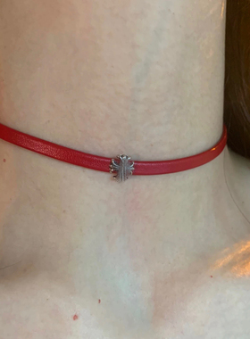 细款红色软皮革十字架choker锁骨链简约辣妹风项圈显脖子细项链潮