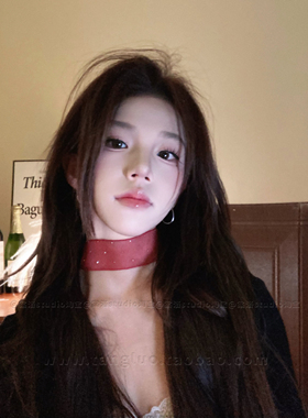 棠洛 原创红色满天星宽版网纱choker颈链女红色丝带布艺项圈辣妹