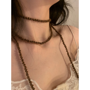 vintage西北长款绕圈咖色钉珠项链女小众高级感毛衣链脖颈带项链