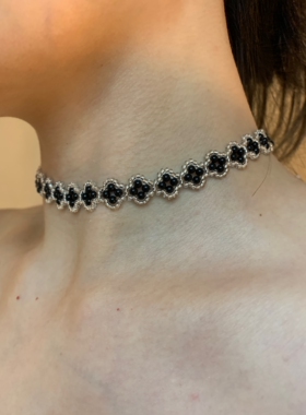 手工编织款 黑色四叶草串珠choker颈链女波西米亚风精致锁骨链潮