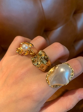 波西米亚风夸张不规则戒指女异形珍珠叠戴金色食指戒指辣妹指环潮