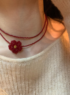 手作款 暗红花朵串珠锁骨链女一条式绕圈颈链脖颈配饰显白项链潮