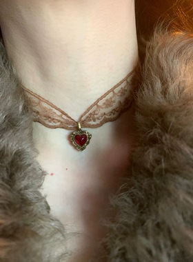 棠洛 手作款红色锆石爱心蕾丝choker颈链女波西米亚风锁骨链2026