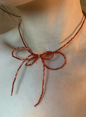 棠洛 手作款红色水晶串珠蝴蝶结锁骨链女小众独特显白项链2026潮