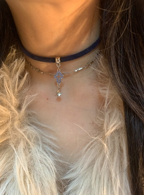 蓝色choker十字架流苏叠戴银色金属锁骨链女小众个性颈链日常百搭