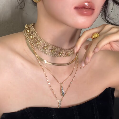 棠洛 原创金色多层叠戴项链女小众波西米亚风颈链流苏项链高级感