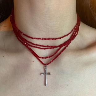 恶魔凯撒 多层红色尖晶石十字架吊坠项链甜酷辣妹风choker锁骨链
