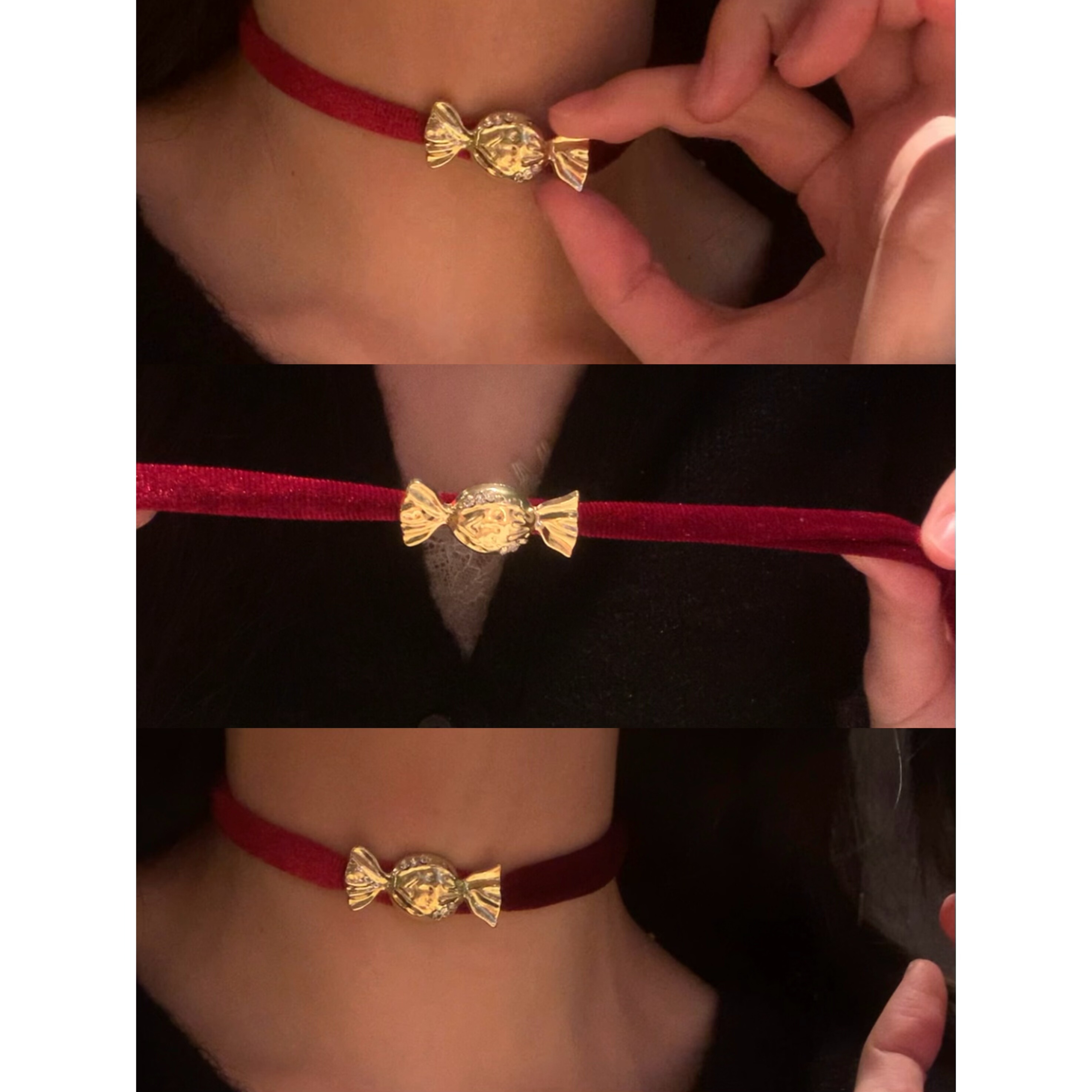 红丝绒金色糖果choker颈链女个性独特布艺项圈高级感秋冬毛衣链潮