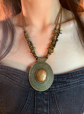 棠洛 尼泊尔vintage大圆盘吊坠项链夸张长款波西米亚风废土项链