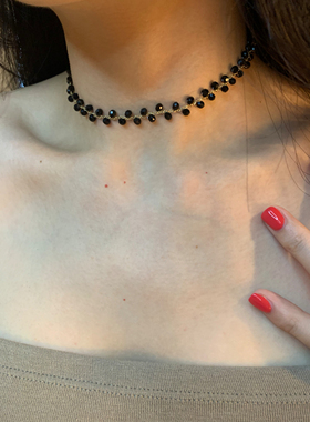抽拉式黑色水晶choker颈链女简约高级感串珠锁骨链甜酷感短款项链