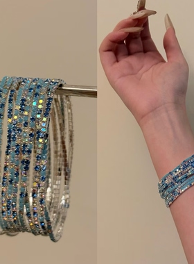 海蓝耶耶 冰透2mm单排镶钻弹力小钻手链女多条叠戴手串显白高级感