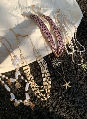 多层叠戴锁骨链女波西米亚风白色珍珠碎石项链小众个性流苏颈链潮