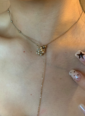 多戴款 抽拉式咖啡金珍珠绣球choker颈链女复古高级感流苏项链潮