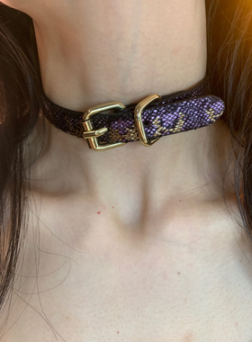 独特浅金紫choker项圈女皮革颈链辣妹y2k亚文化锁骨链高级感2025