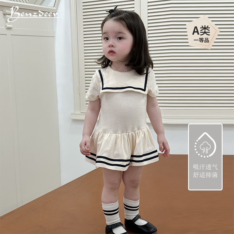 benzdeer韩国25夏女宝宝学院领爬服龙凤胎百天周岁衣服包屁连衣裙