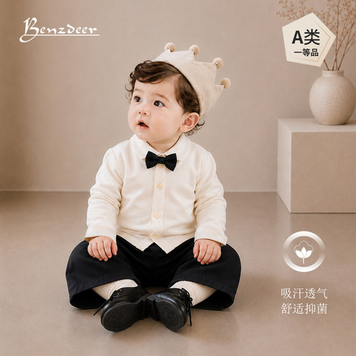 Benzdeer本驰鹿26秋新宝宝周岁礼服男宝小绅士领结衬衫阔腿裤套装