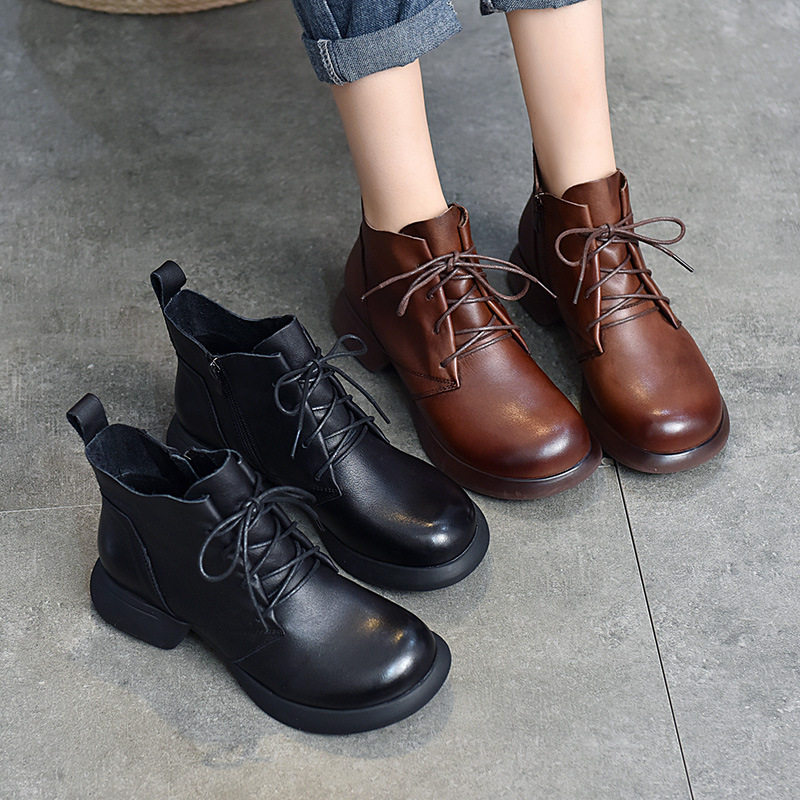 景本色女鞋2022年秋冬新款真皮复古女短靴休闲马丁靴单鞋332218