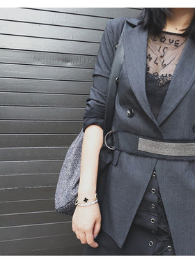 PENNY自制 灰色薄羊毛干练双排扣钉珠腰带 西装外套 S08003