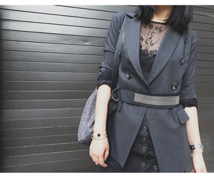 外套 西装 S08003 灰色薄羊毛干练双排扣钉珠腰带 PENNY自制