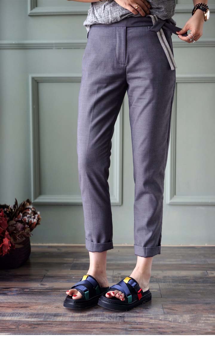 水钻腰头修身风西裤