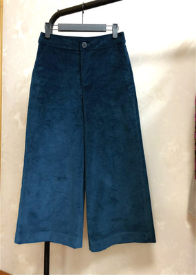 孔雀蓝灯芯绒八分阔腿裤