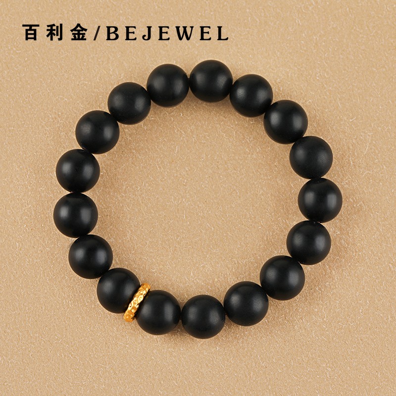 古法黄金和田玉墨玉手串面包环隔圈999足金纯实心跑环手链男情侣