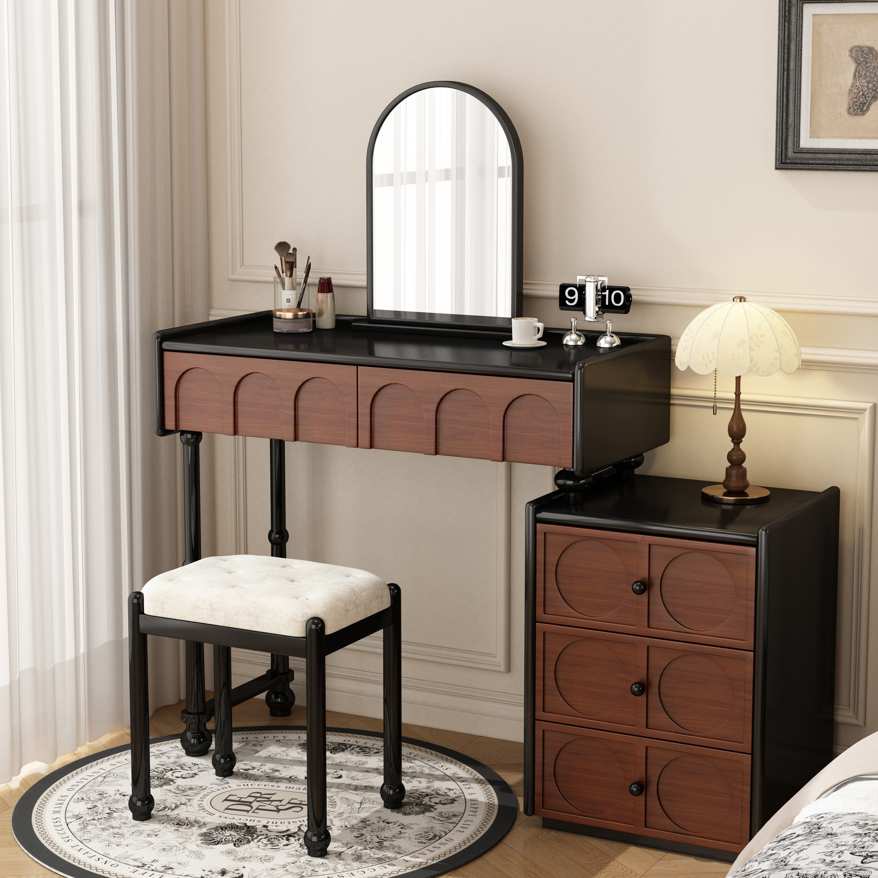 法式复古实木梳妆台斗柜一体小户型卧室60CM化妆桌中古风收纳柜子