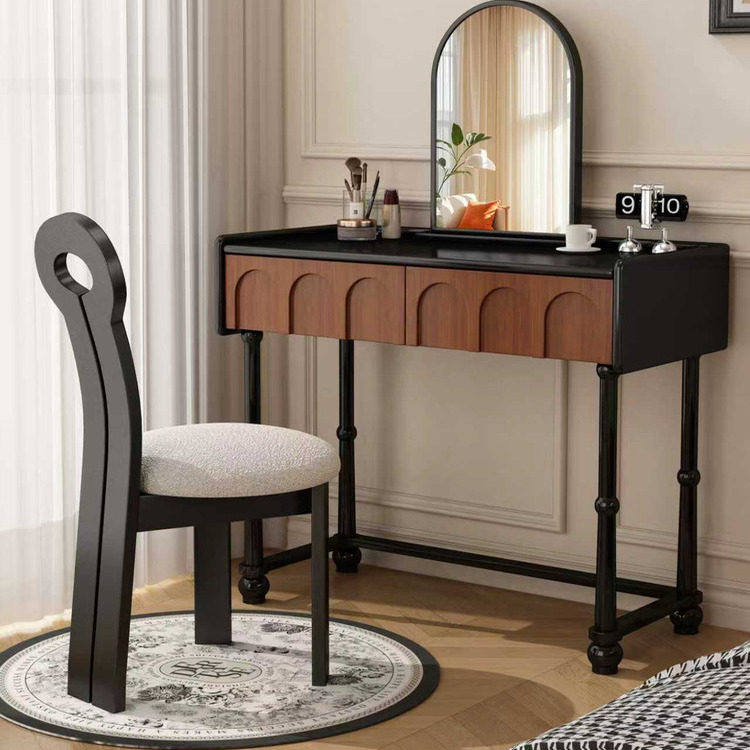 法式复古实木梳妆台斗柜一体小户型卧室60CM化妆桌中古风收纳柜子