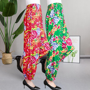 休闲裤 中老年女裤 宽松度假波西米亚阔腿灯笼裤 夏薄款 棉绸沙滩长裤