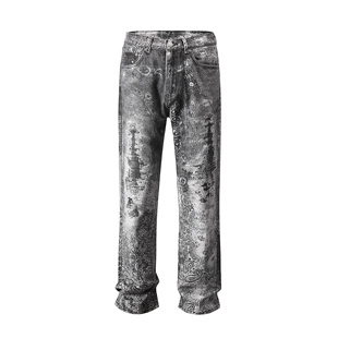 复古水洗3D数码印西海岸腰果菊花涂鸦花色牛仔裤男休闲嘻哈长裤潮