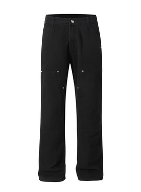 UNZEOT美式复古水洗做旧伐木牛仔裤男潮牌痞帅炸街白色直筒长裤