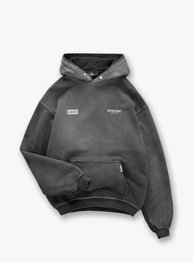 UNZEOT水洗做旧系列图案印花连帽衫高街宽松纯棉连帽卫衣男潮